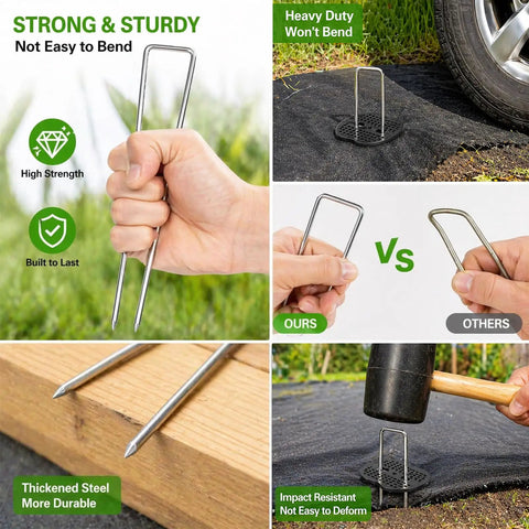 Heavy Duty Garden Stakes Kit With Washers for Windy Areas, 6 Inch 11 Gauge Galvanized Landscape Staples shown securing fabric