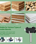 Beefy Slab Flattening Router Bit 1-1/2 Inch Cutting Diameter, 1/4 Inch Shank, 4-Wing Carbide Spoilboard Surfacing Bit for CNC Woodworking and Surface Planing, Heavy-Duty Tool shown with materials and compatible routers.