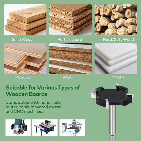Beefy Slab Flattening Router Bit 1-1/2 Inch Cutting Diameter, 1/4 Inch Shank, 4-Wing Carbide Spoilboard Surfacing Bit for CNC Woodworking and Surface Planing, Heavy-Duty Tool shown with materials and compatible routers.