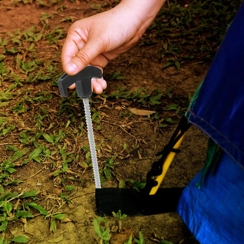 Setting up Heavy Duty Carbon Steel Tent Stakes Set With Plastic Head And Gray Remover Tool 8x200mm Screw Ground Anchors