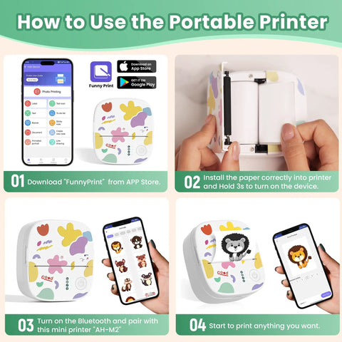 Portable Mini Sticker Printer With Bluetooth Inkless Thermal Technology, 3 Roll Paper Pack, showing setup and usage steps
