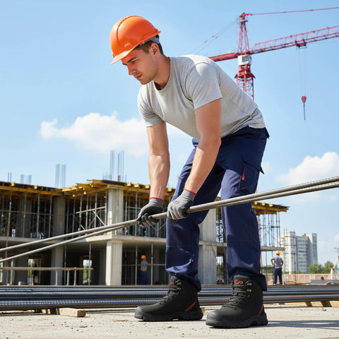 Construction worker wearing Mens Steel Toe Work Boots With Slip Resistant Puncture Safety Waterproof Midsole Grind Ready Durable Construction All Weather Performance Black Size 9.5, lifting steel rods on site.