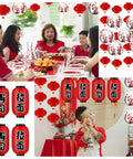 40 Piece Japanese Chinese Paper Lantern Decor Set With LED Lights For Indoor And Outdoor Use Cherry Blossom And Red Lanterns Includes 2 Sushi 2 Ramen 6 Cherry Blossom 20 Chinese Red 10 LED Lights For A Festive Vibe Ready Party Decor displayed at a family gathering.