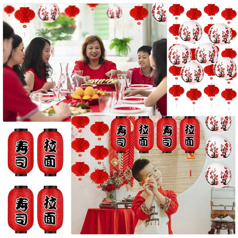 40 Piece Japanese Chinese Paper Lantern Decor Set With LED Lights For Indoor And Outdoor Use Cherry Blossom And Red Lanterns Includes 2 Sushi 2 Ramen 6 Cherry Blossom 20 Chinese Red 10 LED Lights For A Festive Vibe Ready Party Decor displayed at a family gathering.