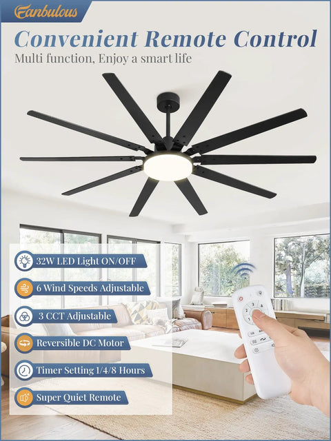 72 Inch Outdoor Ceiling Fan With Lights And Remote, Heavy Duty Black 10 Blades, Modern Energy Saver in living room setting