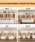 Roomy Walk In Closet Organizer System With Twelve Sturdy Drawers And Open Shelving Units shown in customizable widths of 94.8", 213", 173.6", and 252.4".