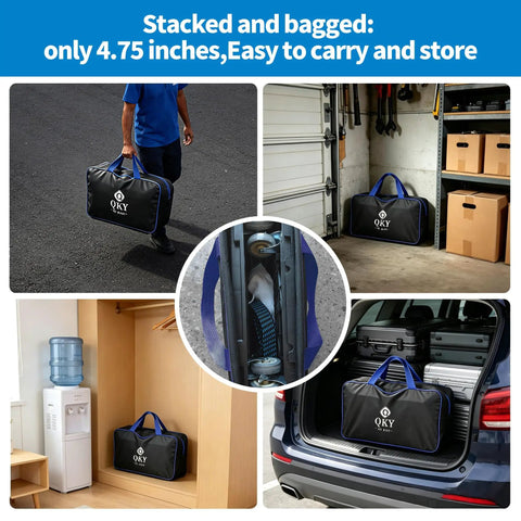 Heavy Duty Furniture Dolly With Removable Pull Handle packed in carry bag for storage in garage, showcasing portability.