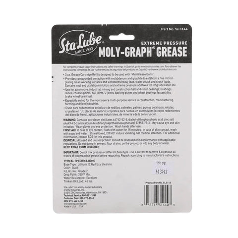 Back view of Sta-Lube Moly-Graph Grease SL3144 package; extreme-pressure, multi-purpose moly-graphite grease, pack of 3 × 3 oz