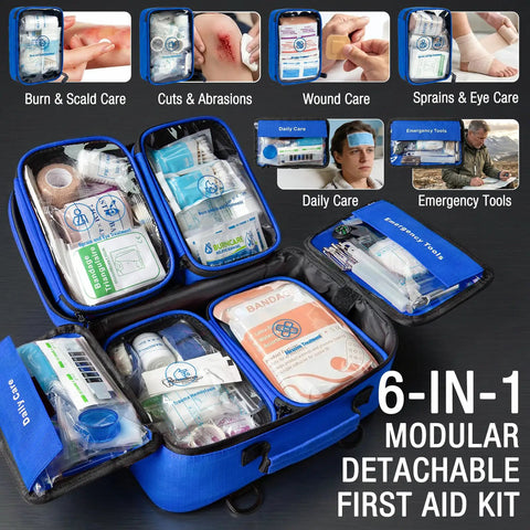 Six In One Modular First Aid Kit with Waterproof Pockets displaying open compartments with medical supplies.
