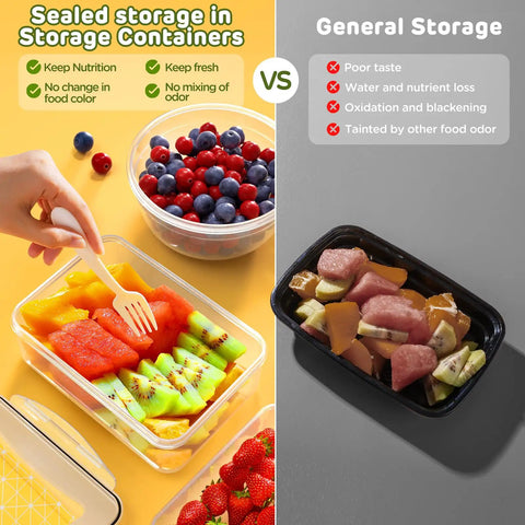 Comparison of fruits in a Forty Piece Airtight Food Storage Containers With Lids Set For Grab And Go Meal Prep And Kitchen Organization Leakproof Reusable Plastic Containers Microwave Safe And Dishwasher Safe Includes Labels And Pen Twenty Lids And Twenty Containers versus open container.