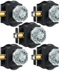 Five Pack Black Vintage Crystal Glass Door Knobs With Lock For Privacy Use Heavy Duty Zinc Alloy Backplates And Matte Finish