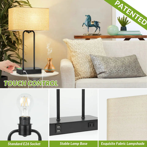 Must Have Set Of 2 Modern Table Lamps With USB Ports And AC Outlet, touch dimmable with cream shade, in living room setting