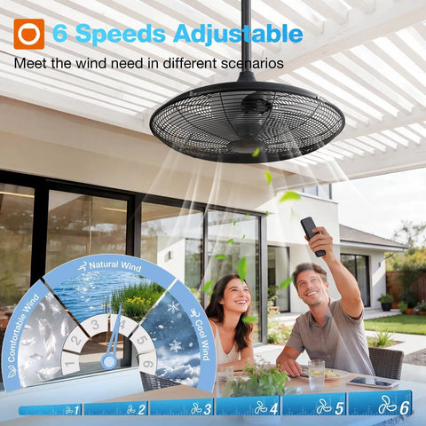 Outdoor Patio Ceiling Fan With Remote And App Control, 20 Inch, IP65 Waterproof, six speeds shown in pergola setting