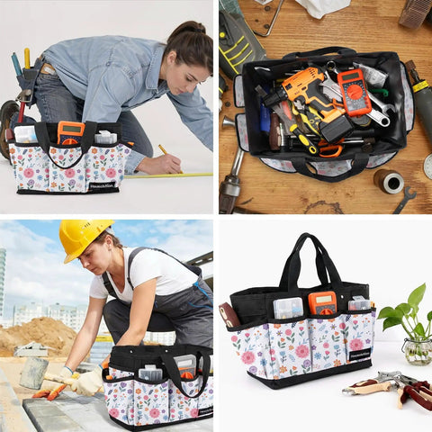 Collage of a Deluxe Garden Tool Tote Bag with pockets in use and filled, 14 inch, wear resistant 600D fabric, white floral design