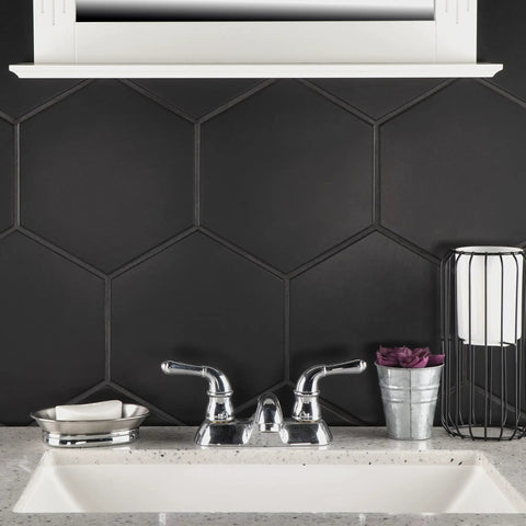 Hex Black Porcelain Tile For Floor And Wall, Textured Glazed Hexagon Tile, Eight And Five Eighths By Nine And Seven Eighths Inches