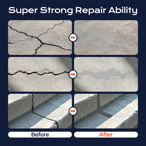 Before and after images showcasing Self Leveling Concrete Crack Filler Two Pack Fast Curing Watersealer on repaired concrete surfaces.