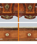 Premium Badass Wood Furniture Repair Kit That Straight Up Fixes Scratches Chips And Cracks On Floors And Cabinets With Eight Dark Wood Fillers And Markers Fast, showing before and after restoration of cabinet details.