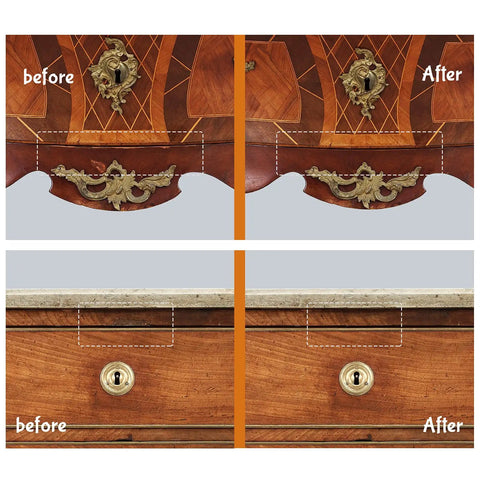 Premium Badass Wood Furniture Repair Kit That Straight Up Fixes Scratches Chips And Cracks On Floors And Cabinets With Eight Dark Wood Fillers And Markers Fast, showing before and after restoration of cabinet details.