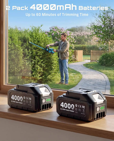 22 Inch Cordless Hedge Trimmer With Dual Action Blade And 20V Power, Includes 2 Batteries And Charger on window sill