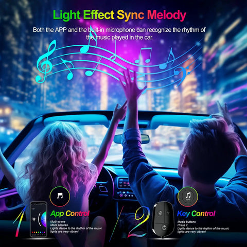 Couple in car using Car Interior LED Lights With App Control And DIY Mode Lit Multicolor Under Dash RGB Lighting Kit For Cars, Trucks And SUVs Music Sync USB Powered DC 5V 16 Million Color Options.