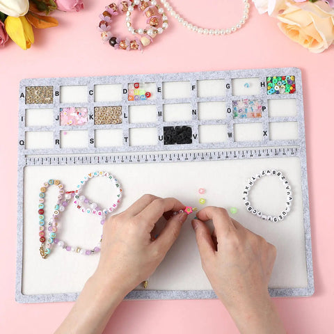 Solid Felt Beading Mat Featuring Sweet Non Slip Flocking Independent Grids Plus Centimeter Tracker For Jewelry Making with beads and ruler.