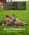 2-In-1 Cordless Pole Saw And Mini Chainsaw resting on logs with accessories, 8-inch brushless bar and dual 4000mAh batteries visible