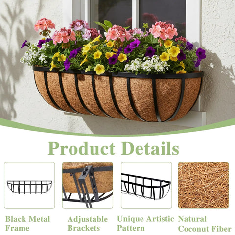 36 Inch Railing Planter Window Box For Deck And Balcony With Coco Liner And Metal Wall Mount Two Pack Outdoor Flower Troughs For Fence Porch Patio And Garden Easy Mount For Herbs And Flowers with colorful flowers