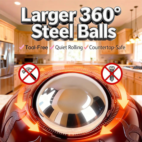 Close-up of Black Stainless Steel Self Adhesive Caster Wheels 4 Pack Large Profile Swivel Ball Casters in a kitchen setting.