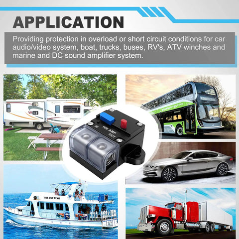 Heavy Duty 100 Amp Circuit Breaker With A No Hassle Manual Reset Lever Waterproof Housing And Rock Solid Terminals Rated For Rvs Boats Trolling Motors Truck Gear Solar Banks And Dc Battery Pack Installations, application illustration with multiple vehicles.