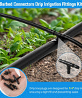 Barbed connectors in use on drip irrigation tubing in a garden, part of the 2-In-1 Drip Irrigation Hole Punch And Tubing Cutter With Barbed Connectors For 1/4 Inch Fittings Cuts 16 20 25 mm PE Pipe And Emitter Lines Smooth Edges Ideal For Home Garden Irrigation Accessories Blue kit.