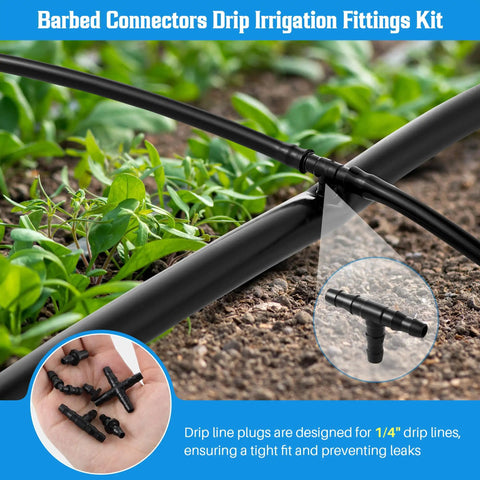 Barbed connectors in use on drip irrigation tubing in a garden, part of the 2-In-1 Drip Irrigation Hole Punch And Tubing Cutter With Barbed Connectors For 1/4 Inch Fittings Cuts 16 20 25 mm PE Pipe And Emitter Lines Smooth Edges Ideal For Home Garden Irrigation Accessories Blue kit.