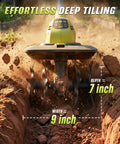 Cordless Garden Tiller With Dual 20V 4Ah Batteries showcasing 9 inch width and 7 inch depth for efficient soil tilling.