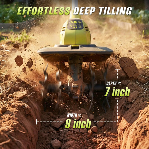 Cordless Garden Tiller With Dual 20V 4Ah Batteries showcasing 9 inch width and 7 inch depth for efficient soil tilling.