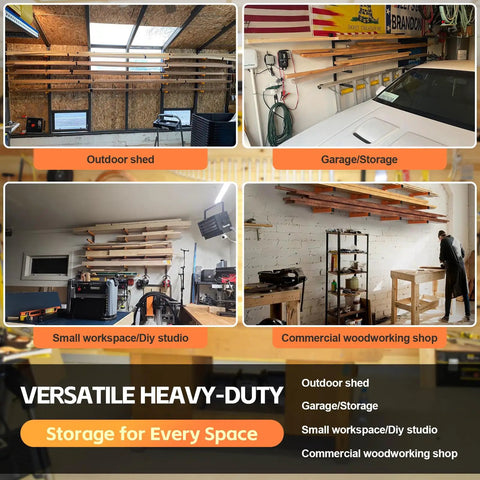 Examples of Heavy Duty Wood Organizer Lumber Rack Wall Mount Cantilever Shelves Tough As Nails 3 Level in various workspaces.