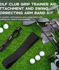 Grip Trainer And Swing Correcting Arm Band Golf Training Combo with golf clubs and balls on grass