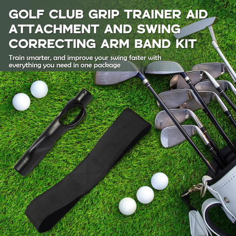 Grip Trainer And Swing Correcting Arm Band Golf Training Combo with golf clubs and balls on grass