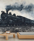 Epic Vintage Steam Trains 3D Wall Mural For Bedroom And Living Room, Giant 169 By 118 Inch Canvas Wall Art With Classic Locomotives, Realistic Texture, Heavy Duty Canvas, Not Peel And Stick, featuring a classic locomotive on a rocky track with realistic smoke and mountain backdrop.
