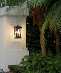 Two Light Outdoor Pendant Light For Porch with Sleek Matte Black Finish illuminating a lush garden setting.