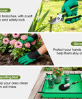 10 Piece Garden Tool Set With Heavy Duty Storage Tote Workhorse Includes Pruner Trowel Transplanter Hand Rake Weeder Cultivator Repot Mat Gloves Plant Tags And Carrying Case Rust Resistant Tools With Non Slip Ergonomic Handles For Women And Men Green displaying pruner, gloves, and repotting mat in use.