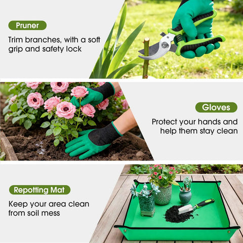 10 Piece Garden Tool Set With Heavy Duty Storage Tote Workhorse Includes Pruner Trowel Transplanter Hand Rake Weeder Cultivator Repot Mat Gloves Plant Tags And Carrying Case Rust Resistant Tools With Non Slip Ergonomic Handles For Women And Men Green displaying pruner, gloves, and repotting mat in use.