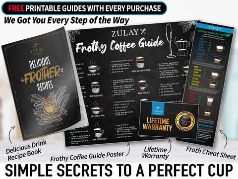 Printed guides and warranty card for Ultra Fast Handheld Milk Frother Wand With Duracell Batteries For Rich Coffee Foam In Seconds.