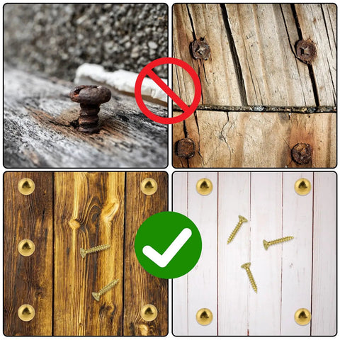 Pure Brass Decorative Screw Covers With Smooth Caps Heavy Duty Self Tapping Bolts For Furniture And Mirror Repairs Hella Sturdy Upholstery Tacks in comparison with rusty screws.