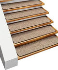 Wooden stairs with beige carpet stair treads, Set of 15 Black Ripple Skid Resistant Carpet Stair Treads Measuring 9 Inches by 36 Inches.