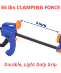 Woodworking Bar Clamps 4 Inch Set of 2 Quick Release One Handed Clamps With Hardened Steel Bar And Soft PVC Pads For Small DIY Projects 65 Lb Clamping Force Blue.