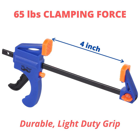 Woodworking Bar Clamps 4 Inch Set of 2 Quick Release One Handed Clamps With Hardened Steel Bar And Soft PVC Pads For Small DIY Projects 65 Lb Clamping Force Blue.