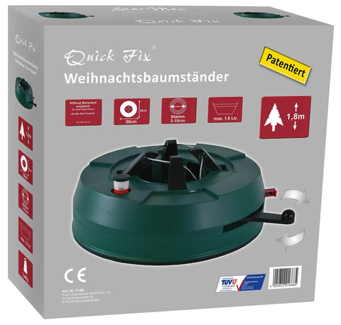 Built Tough Plastic Christmas Tree Stand In Sharp Green Supports Six Foot Trees with easy fill reservoir and child safety lock.
