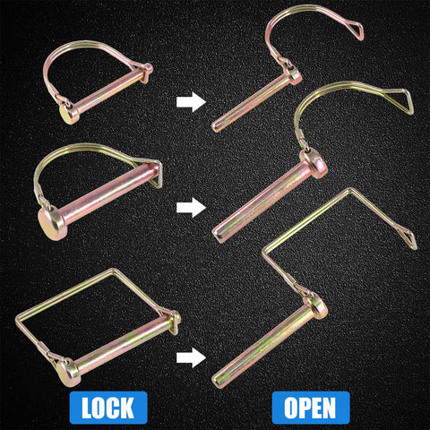 Built Tough Heavy Duty PTO Pin Assortment Kit For Farm Trailers And Wagons, 20 Pcs Zinc Plated Steel Pins in lock and open positions
