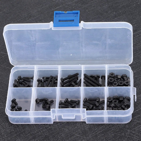 Heavy Duty 160 Piece M3 Nylon Fastener Kit With Non Conductive Hex Socket Screws Nuts And Washers in clear storage container.