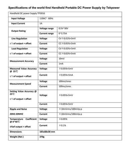 Specifications sheet for Portable Handheld DC Power Supply With USB Output Dope For Makers, detailing technical specs.