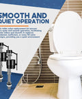 Heavy Duty Eight Count Toilet Fill Valve Replacement Kit Black Adjustable Flushing Tank with Quiet Operation in bathroom setting.